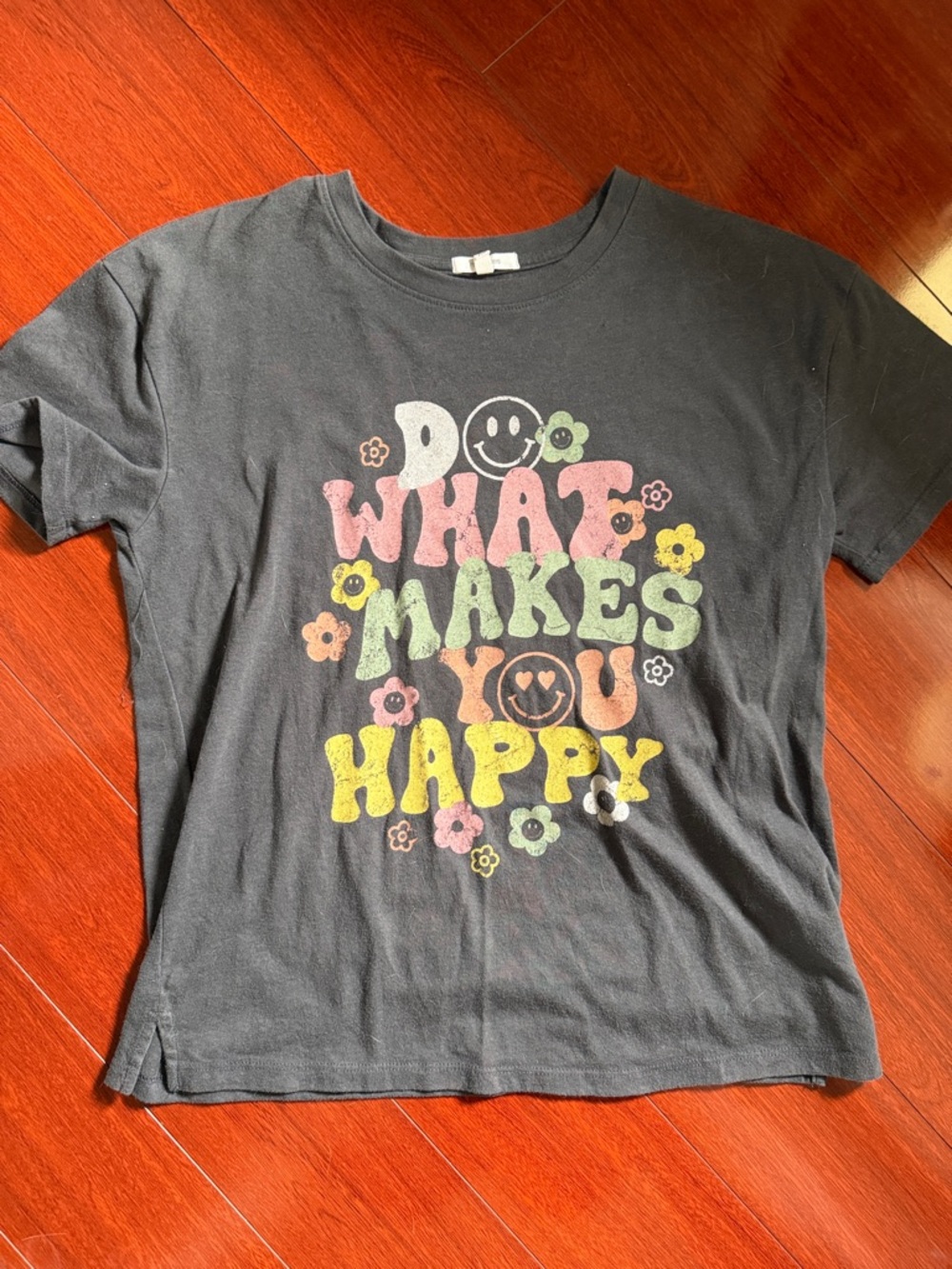 Maurices Black Short Sleeve Graphic Tee with Pastel Happy Print
